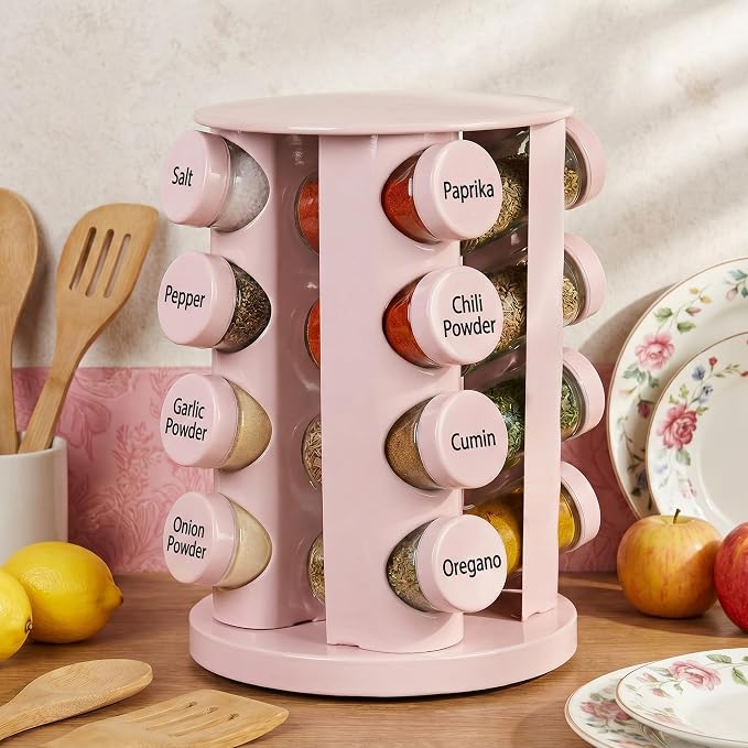 Yungyan Pink Rotating Spice Rack Seasoning Organizer with 16 Empty Jars, Spice Containers Set with Labels and Funnel, Revolving Seasoning Rack for Kitchen Accessories