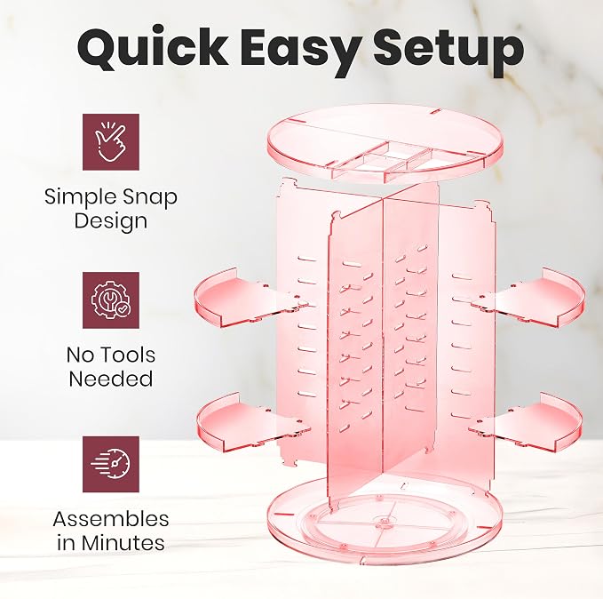 Masirs 360 Rotating Makeup Organizer Countertop, Adjustable Shelf, Pink | 360-Degree Rotating Makeup Organizer, Adjustable Shelf Height, Cosmetic Perfume Skincare Storage, Vanity Countertop, Pink