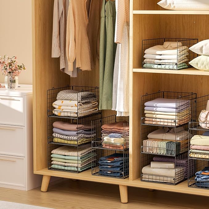 4-Tier Stackable Closet Organizers and Storage Shelves, Foldable Closet Shelf Organizer System, Stackable Storage Bins Drawers for Closet Organizer System, Black(Patent 30022416, 15.7"x11.8"x34.64")