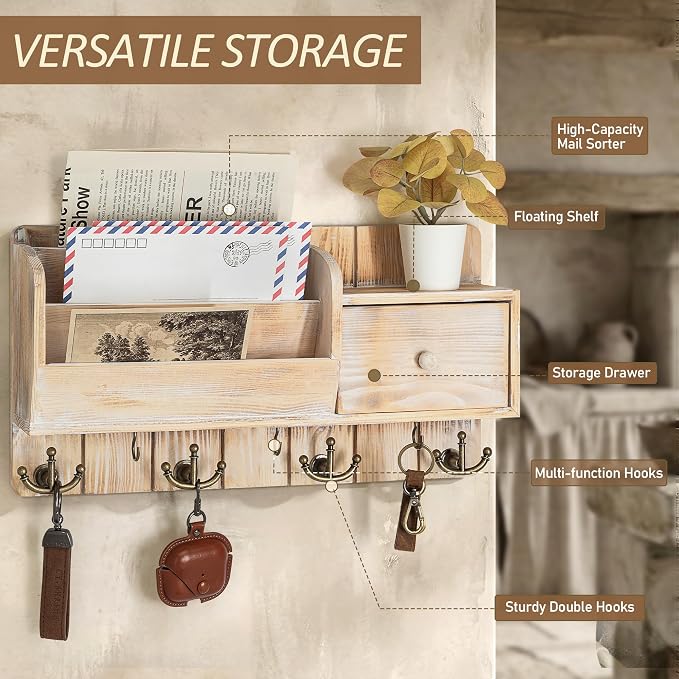Rebee Vision Key Holder Wall Mount with Drawer for Entryway, Natural Wood | Pine Wood, with Drawer Storage, 7 Hanging Hooks, Letter Organizer, Key Holder for Wall, Home Essentials for Room Decor