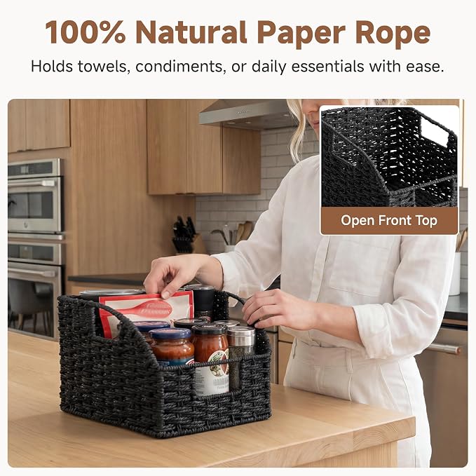 StorageWorks Pantry Organizers and Storage,Black Wicker Baskets,2-Pack | Paper Rope Wicker Baskets with Handles,Handwoven Pantry Baskets for Shelves,Wicker Storage Baskets for Shelves,Black Baskets