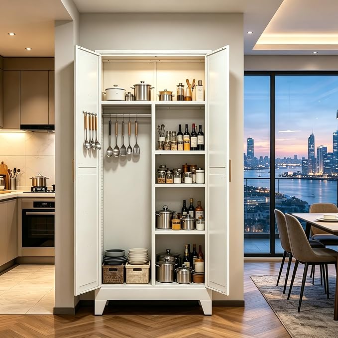71" H Tall Pantry Cabinet with Doors,Kitchen Pantry Cabinet,Black Metal Storage Cabinets,Garage Storage Cabinet,Food Storage Cabinet with Doors and Shelves