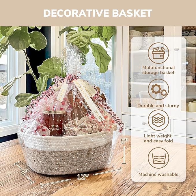 CHICVITA Rope Gift Baskets Empty with Bags & Ribbon, Boo Basket, Brown | 12"x 8"x 5" Small Woven Basket for Gift for Halloween Christmas Day, Cute Baskets for Snacks Toys with Durable Handles
