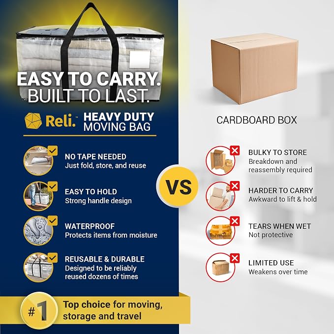 Reli. Moving Bags Heavy Duty (4 Pack) | Clear, Extra Large Totes | For Storage & Packing | Small Space & Dorm Room Essentials | Packing Bags w/ Handles & Zippers | Alternative to Moving Boxes