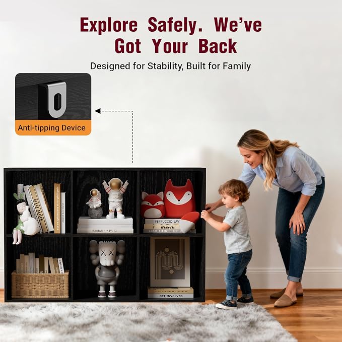Book Shelf, Wooden Cube Storage Organizer with 11" Open Cubes, Stackable Modular Bookcase for Room Divider Storage, 2 Tier Bookshelf for Living Room, Bedroom, Office (Black, 6-Cube)