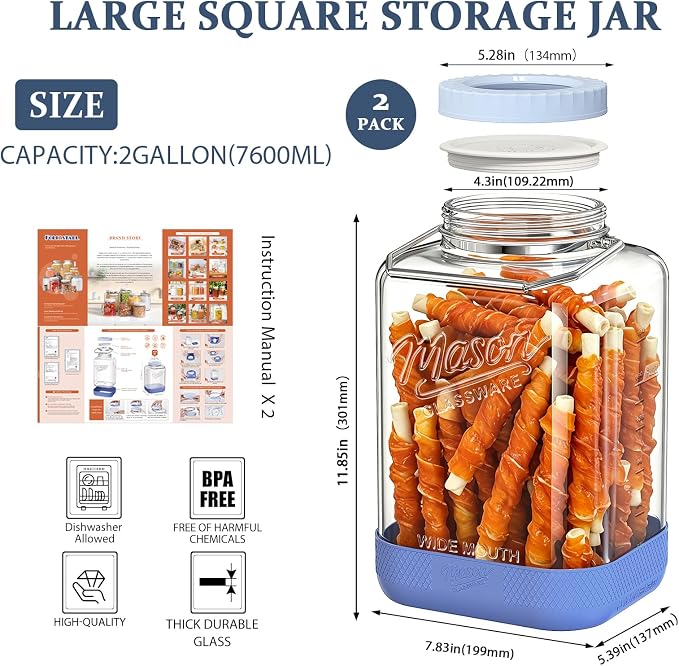 2 Gallon Glass Jar with Dual Seal Lid for Airtight Storage, 2 Pcs, Square | 4.3'' Wide Mouth Mason Jars, Screw Lid, Silicone Seal, Stainless Steel Handle, Non-slip Base, Glass Food Storage Containers