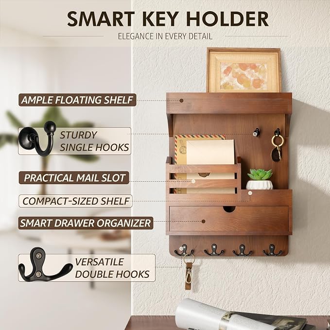 Rebee Vision Key Holder Wall Mount with Drawer Organizer for Entryway,Brown | Pine Wood, 6 Key Hooks, Display Shelf for Plants, Mail Slot for Storage Letter, Multi-Funtional Design, Home Storage