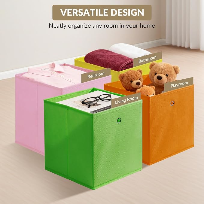 Garvee 12 Pack Storage Cubes, 10.2" Foldable Organizer for Cube Shelves | Colorful Storage Boxes with Reinforced Cardboard Bases Metal Handle, Breathable Fabric for Kids Room, Living Room & Bedroom
