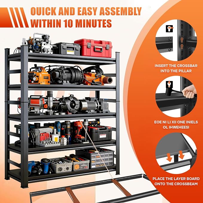 72''H Metal Garage Shelving Heavy Duty Storage Shelves Series, Large Industrial 5tier Shelving Unit for Basement, Business, Factories, Commercial, Warehouse and Workshop, with Side Retaining Bars