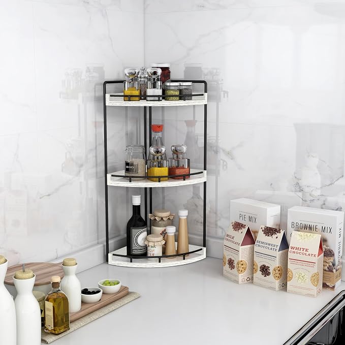 Dorhors Corner Bathroom Organizer Countertop,Vanity Counter Storage Shelf | 3 Tier Rustic White Stand Rack Holder for Kitchen,Dresser,Restroom,Wood Bathroom Sink Tray for Makeup,Perfume,Skincare,Lotion