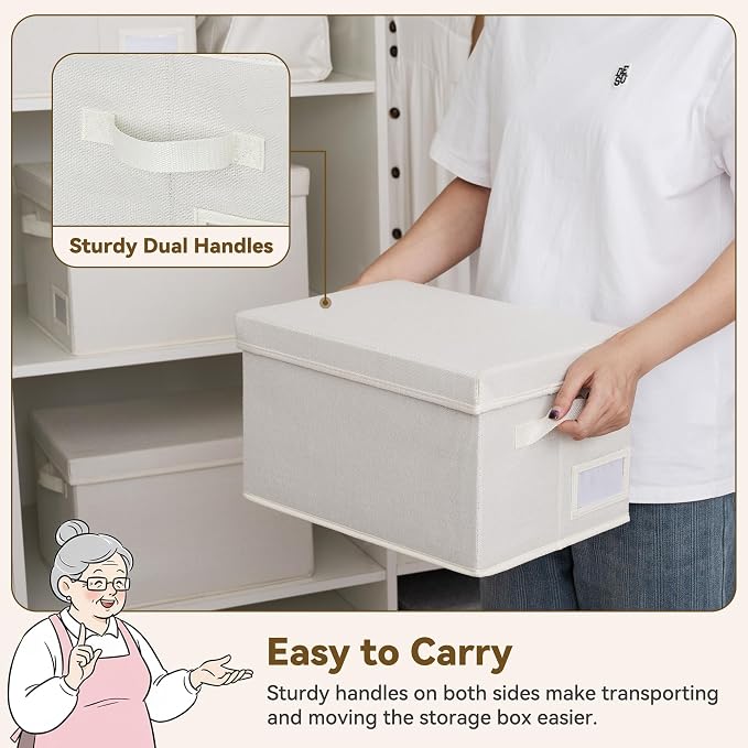GRANNY SAYS Storage Baskets for Organizing, Linen Closet Shelf Organizers and Storage Containers with Label Holder, Large Storage Bins with Lids for Bedroom, Ivory, 3-Pack