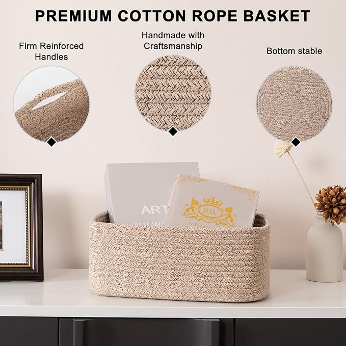 OIASKET 4 Pack Small Storage Shelf Baskets for Organizing, Mini Woven Rope Storage Bins for Towels, Cute Decorative Closet Organizer，Baby Nursery, Gift Empty Baskets -13''Lx8.66''Wx5.11''H-Brown