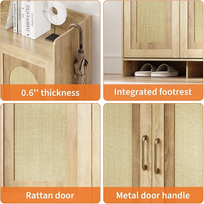 Garvee Shoe Cabinet Storage for Entryway, Rattan Storage Cabinet, Wooden Shoe Rack with 2 Doors, Farmhouse Boho Wood Shoe Organizer Cabinet for Entrance Hallway Living Room Foyer