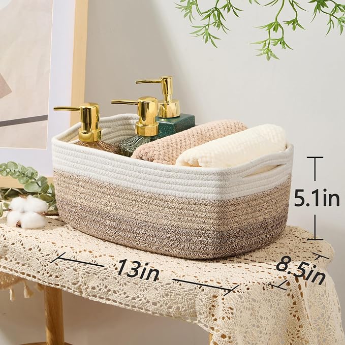 MiniArk Small Storage Baskets for Organizing | Closet Organizer Bins | Shelf Toy Basket | Woven Rope Baskets | Cube Decorative Box | Shallow Basket | 13x8.5x5.1” | 4 Packs Gradient Brown