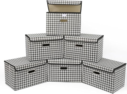 STOREONE Fabric Storage Cube Bins Foldable Organizer Container Collapsible Basket with Lids and Metal Handles, for Home, Bedroom, Closet 6 Pcs (Houndstooth)