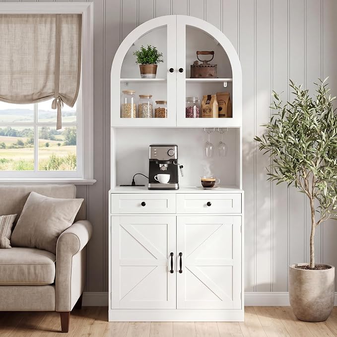 Merax 75" Tall Bookcase,Arched Pantry Cabinet with Adjustable Shelves | Farmhouse Bookshelf Coffee Bar with Charging Station Open Countertop for Office,Kitchen,Dining Room,Living Room,White