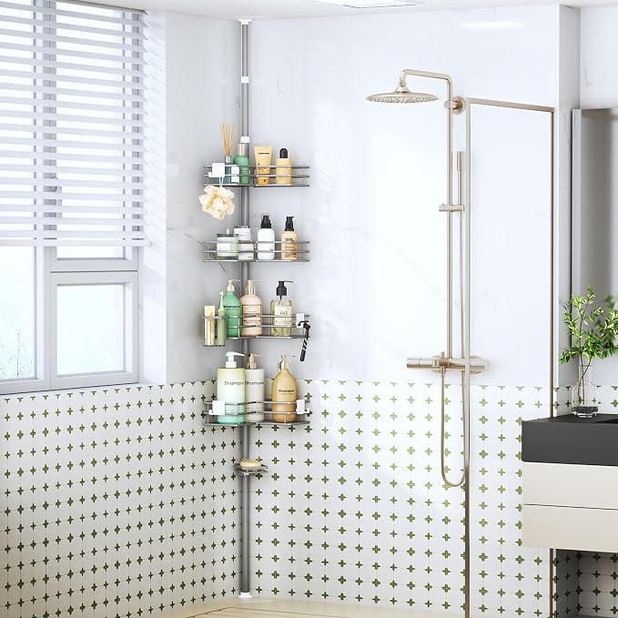 HapiRm Corner Shower Caddy Organizer - Shower Organizer Corner with Soap Holder, Toothbrush Holder and 4 Hooks, Rustproof Bathroom Shelf Tension Pole Available for 27.6 to 108.3 Inch - Silver