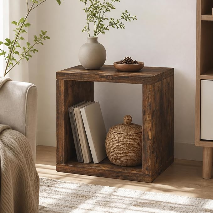Cube Storage Organizer Bookcase with Open Back, Stackable Bookshelf, Extra Thick Book Shelf, 15.8 x 15.8 x 14.6, for Bedroom, Living Room, Home Office, Black Dark Oak