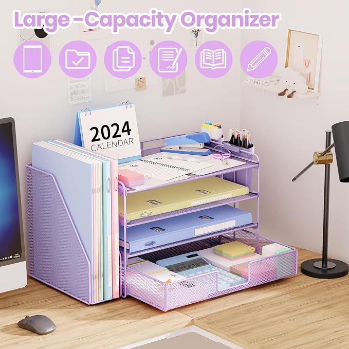 OPNICE Desk Organizer, 4-Tier Desktop File Organizer with Drawer and Pen Holders, Office Desk Accessories, File Sorters, Workspace Organizers for Office Supplies(Purple)