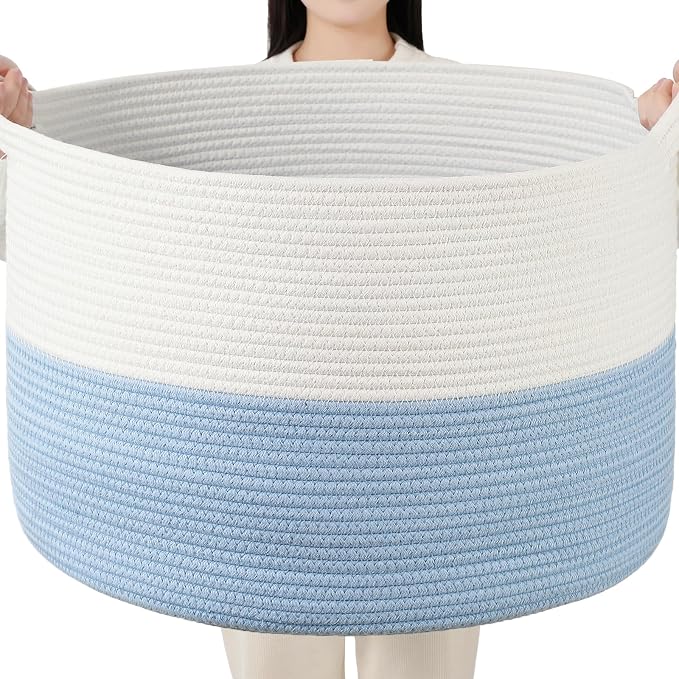 Foldable Laundry Hamper Basket with Collapsible Handle Cotton Rope Soft Woven Fabric Storage Organizer Clothes Toys Nursery Bedroom Dorm Space Saving Bin (White & Blue, 80L(21.7"D x 13.8"H))