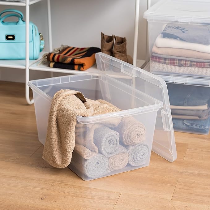 IRIS USA 4-Pack 58 Qt Storage Bins with Lids, Clear, Stackable | Perfect for moving, blankets, clothing and garage storage, nestable design, transparent design makes contents easy to find