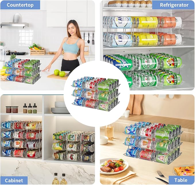 Jsyrjing Can Organizer for Pantry, 3-Tier Stackable Can Dispenser Rack | Automatic Rolling, Modular Flexible Combination, Extra-Thick Clear Material, Cabinet Pantry Fridge Countertop Storage