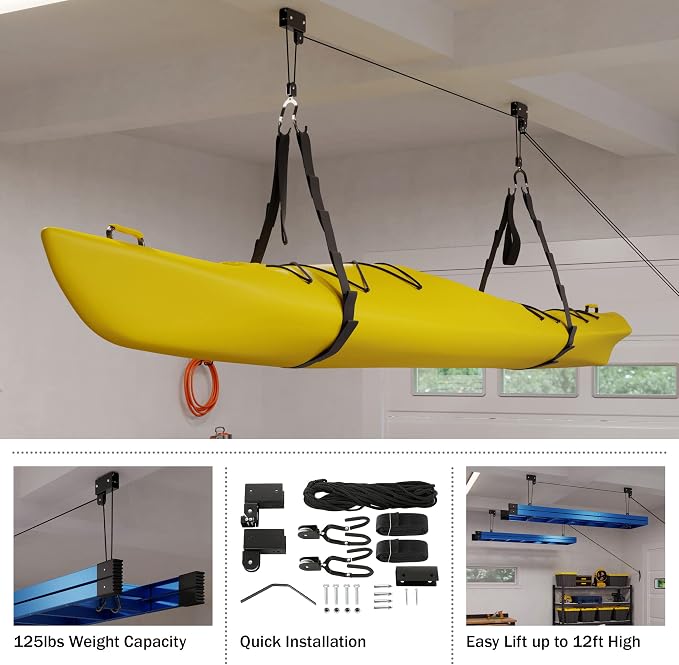 RAD Sportz Kayak Storage Hoist - Overhead Pulley System with 125lb Capacity for Canoes, Bikes, Ladders, and More - for up to 12-Foot Ceilings