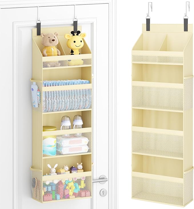 Lifewit 4 Tier Over the Door Diaper Organizer for Nursery, Large Heavy Duty Hanging Storage with 4 Mesh Side Pockets, Sturdy Back of Door Shelf for Baby Stuff Toy in Pantry, Laundry, Bathroom, Beige