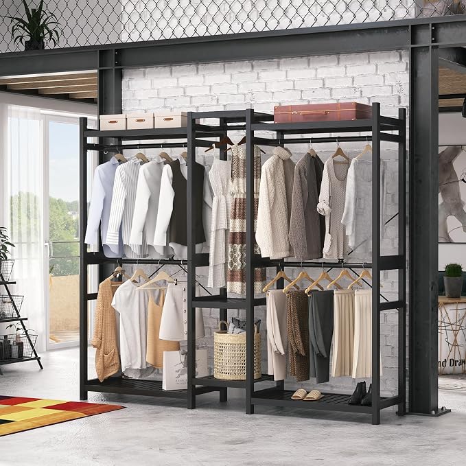 Bamboo Closet System Clothes Rack, Large Freestanding Garment Rack Clothing Rack for Hanging Clothes with 7 Storage Shelves and 5 Rods, Open Wardrobe Organizer with 4 Hooks, Black