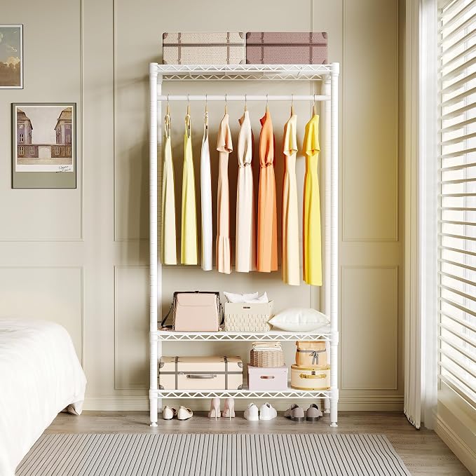 Heavy Duty Garment Rack 600 Lbs Load Stable Clothes Rack for Hanging Clothes Wardrobe Closet with Adjustable Shelves & Hanging Rod 17.7" D x 35.4" W × 68'' H White
