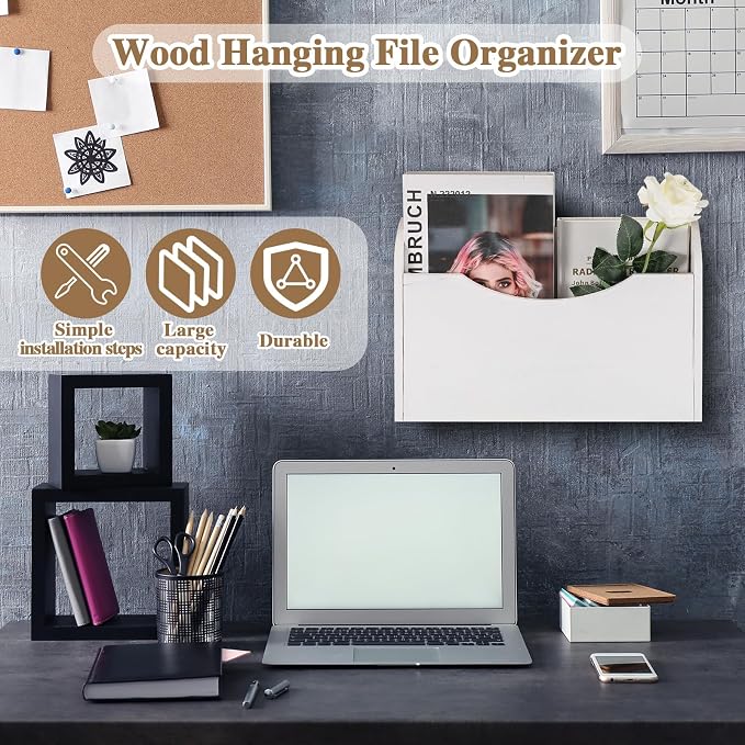 Suzile Wall Mounted File Holder Wood Magazine Holder Wall Hanging File Organizer for Office Mail Magazine Letter Paper Folder Organization (Pure White)