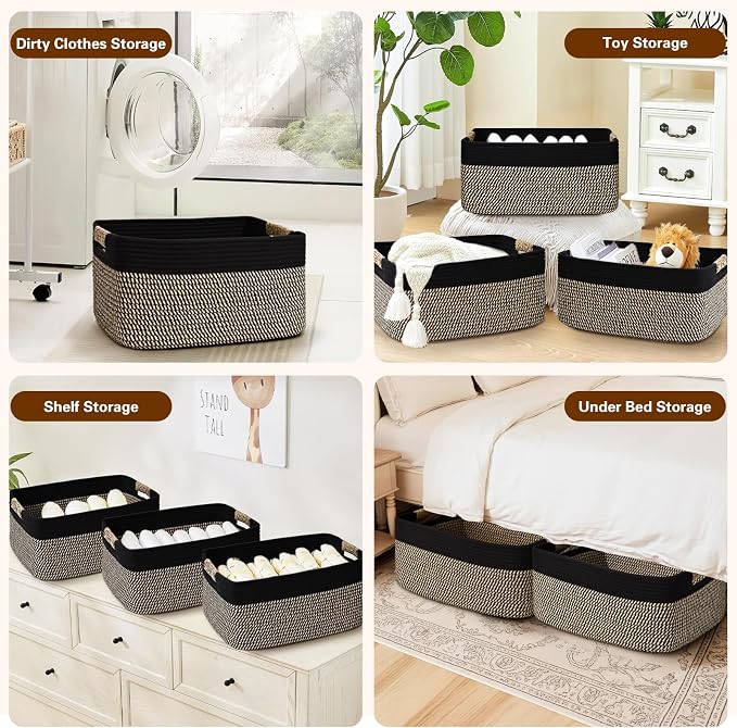 2 Pack Large Storage Basket for Organizing, 17.5"x13"x7" Woven Basket for Shelves, Closet Cube Storage Bins with Wrapped Handle, Cotton Rope Baskets for Kitchen, Clothes, Toys(Black & Brown)