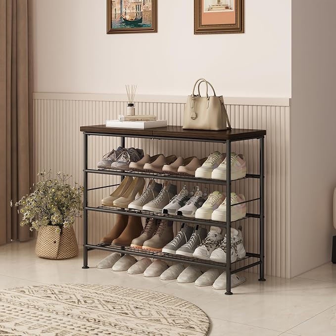 SUOERNUO 4 Tier Shoe Rack Organizer for Closet Shoe Storage for Entryway | Free Standing with MDF Top Board,Sturdy Metal Frame, Ideal for Living Room,Hallway Black