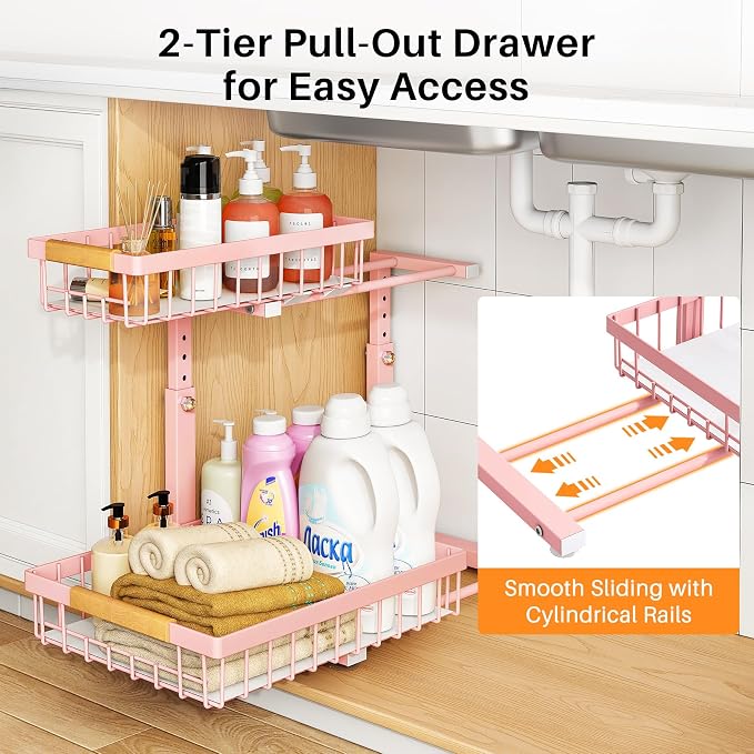 PXRACK Under Sink Organizer, Adjustable Height, 2 Tier Pull Out Under Cabinet Organizer, Slide Out Thickened Metal Under Sink Storage for Kitchen Bathroom Laundry Pantry Cabinet, Pink, Large-2-Pack