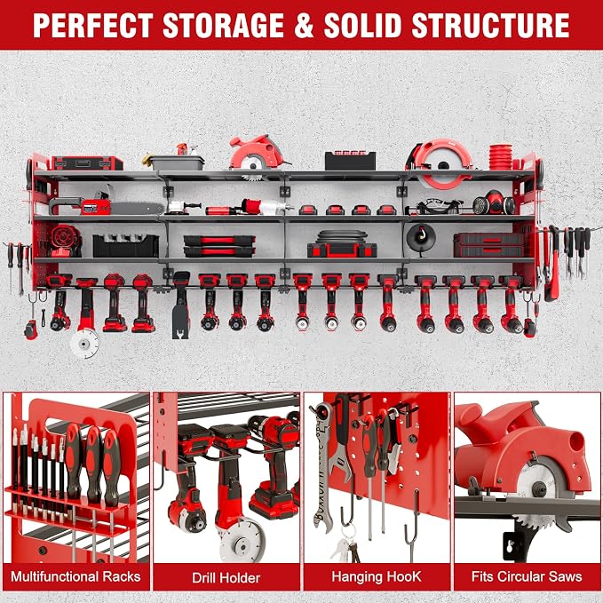Large Power Tool Organizer Wall Mount, 16 Drill Holders Storage Rack, Red | 4-Tier Heavy-duty Wall Rack Holds 16 Cordless Drills, Saving Valuable Garage and Workshop Space