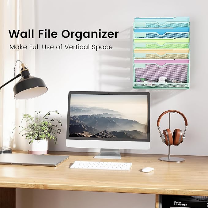 Hanging Wall File Organizer, 6-Tier Desk Organizer with Metal Mesh | Foldable Document Organizer for Office Desk, Wall Mount Magazine Rack for Mail/Books/Tablet, Mint Green