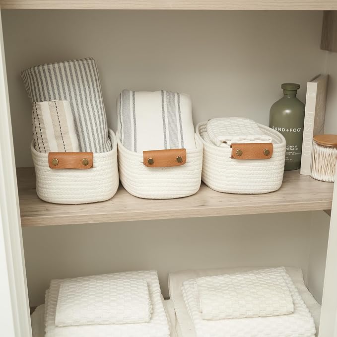 Beautiful Storage Basket Set of 3 - Sturdy Jute Rope Baskets for Shelves Are Perfect for Organizing Your Home - Quality Storage Bins Easily Fit With Any Nursery or Bedroom Decor