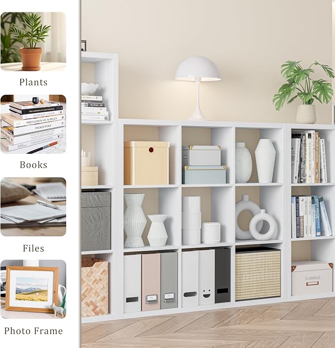 VDNEND Cube Storage Organizer Bookcase, Decorative 11 inch Open Back Cubical Shelf with Thickened Border, Display Bookshelf for Living Room, Home Office, Sturdy Room (White, 9 Cube)