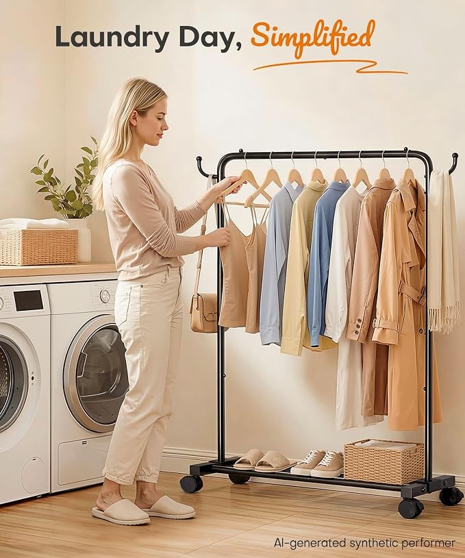 Homde Portable Clothes Rack for Bedroom: 4 Lockable Wheel Move Room-to-Room | Laundry to Closet in 1 Smooth Roll - No Heavy Lifting for Renters & Movers - 88 lbs Hanging Rod for Garment Coat to T-Shirt