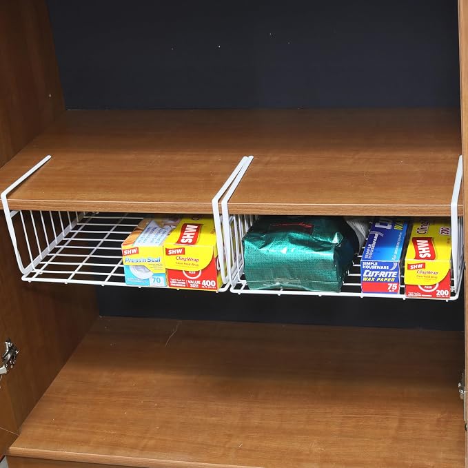 Simple Houseware 2-Pack Under Shelf Wire Metal Basket Shelf, White | Space-Saving Storage Organizer for Kitchen, Pantry, Closet, Office, No Tools Required