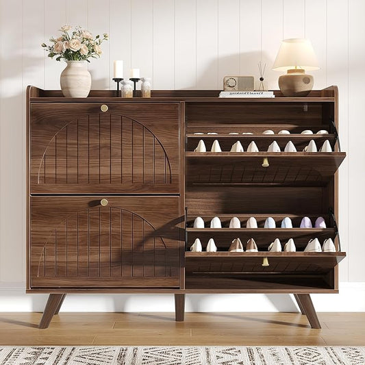 Decofy 47.2” Shoe Cabinet with 4 flip-Down Drawers, Three Adjustable Levels, freestanding Wooden Shoe Rack, Suitable for entryway, Hallway, and Living Room (Walnut) | 47.2''W; 4 Flip-Down Shoe Storage Drawers; 3 Adjustable Shelves; Narrow Entryway Desi...