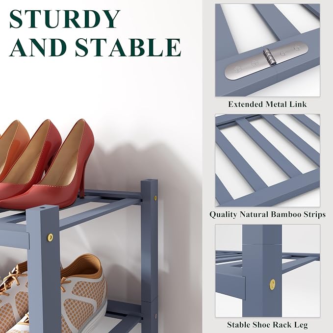 Smiry Bamboo Shoe Rack, 12 Vertical Slats, 4 Tier - 26.8" Wide, Grey | Stackable Free Standing Wooden Shoe Organizer, Wood Shoe Storage Shelf for Closet, Entryway