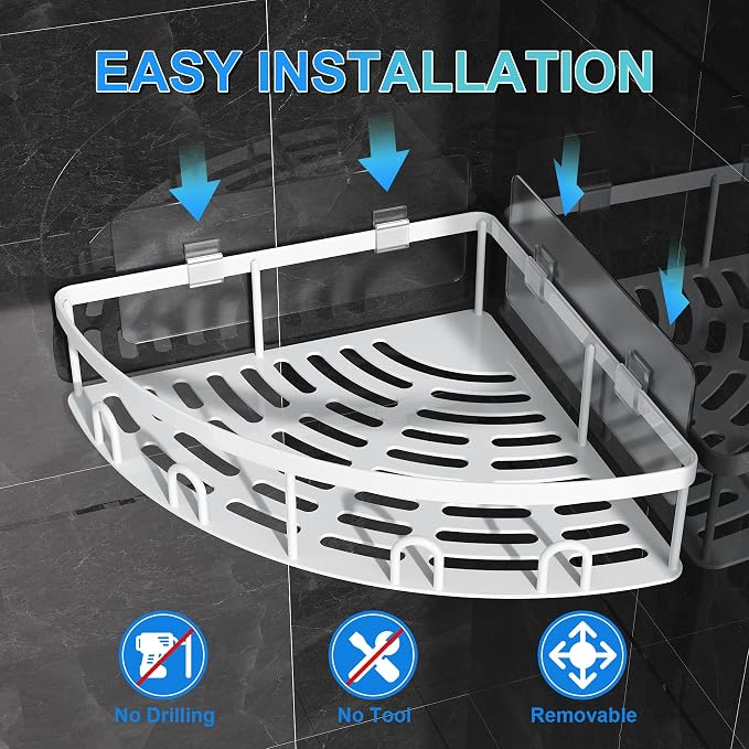 Corner Shower Caddy for Bathroom Storage,White,2 Pack | No Drilling, Rustproof, Adhesive Bathroom Shower Shelves, Wall Mounted