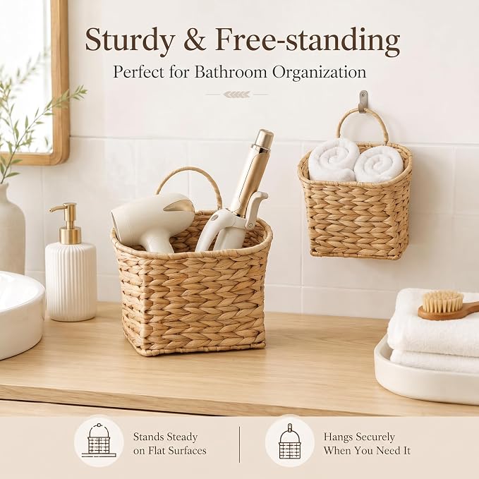 Coeusy Set of 2 Hanging Basket, Wicker Wall Basket for Door,Mail,Flower,Planters, Natural Water Hyacinth Storage Basket for Garden Farmhouse Home Decor
