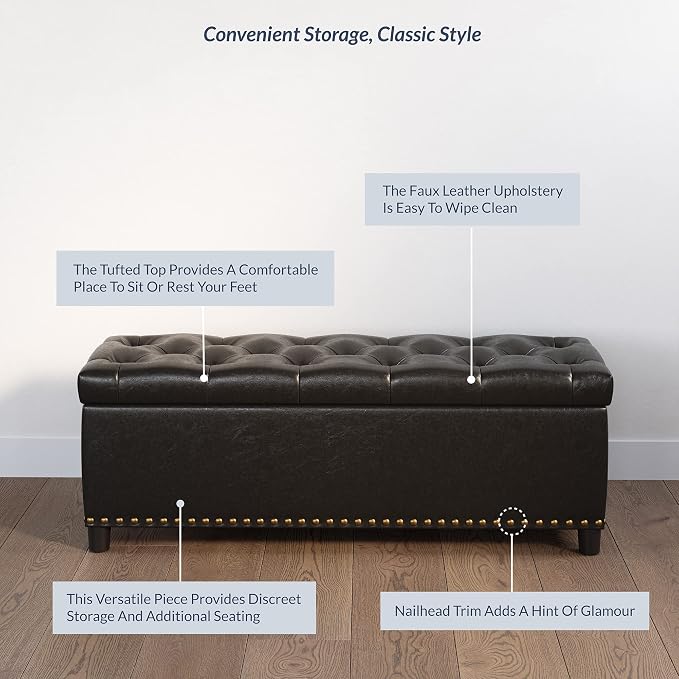 BELLEZE Storage Ottoman, Tufted Ottoman with Close Hinge, Foot Rest for Living Room (Dark Brown, 47 inch)
