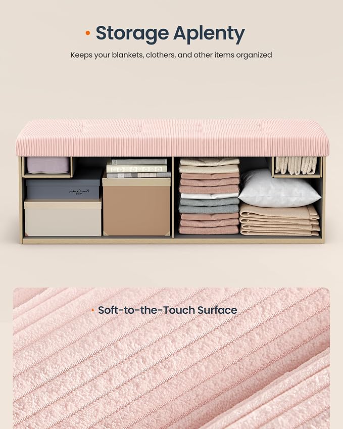 SONGMICS Home Ottoman with Storage, Removable Lid, Folding Storage Chest, Easy Assembly, for Entryway, Bedroom, Living Room, 15.2 x 43.2 x 15.2 Inches, Corduroy, Light Pink