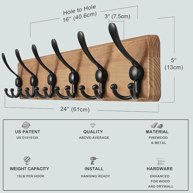 Coat Rack Wall Mounted - 24" Long 6 Tri Hooks, Heavy Duty Wooden Wall Coat Hanger Coat Hook for Clothes Hat Jacket Clothing, Weathered Brown and Black, Pack of 2