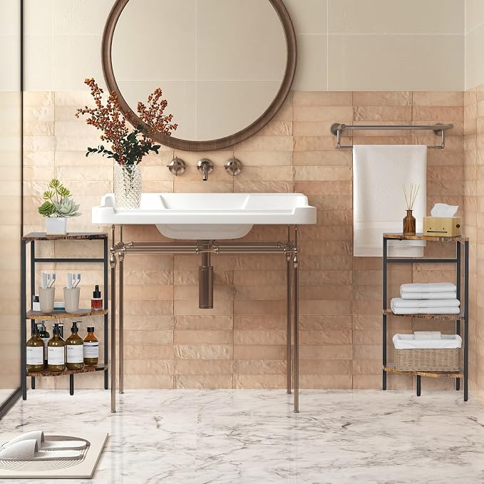 CADUKE Pedestal Sink Storage, 2 Pack Under Sink Organizer Shelf Bathroom Under Vanity Storage Shelf for Small Space, Bathroom Organizers Rack Stand 3 Tier Wooden Corner Shelves, Rustic Brown