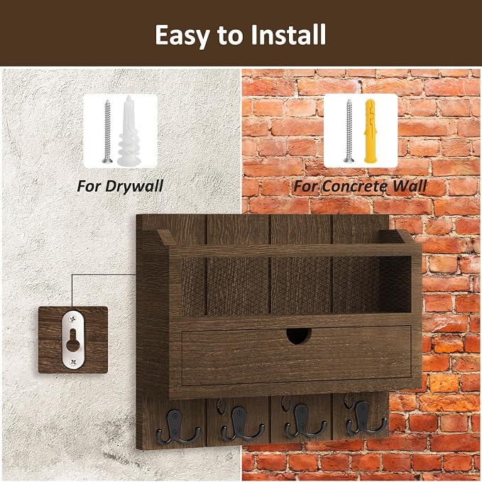 Nekon Mail Organizer with Drawer for Wall, 12"W x 10"H x 3.1"D Mail Sorter Wall Mounted, Wooden Key Holder Wall File Organizer Letter Sorter for Letter Magazines (Brown)