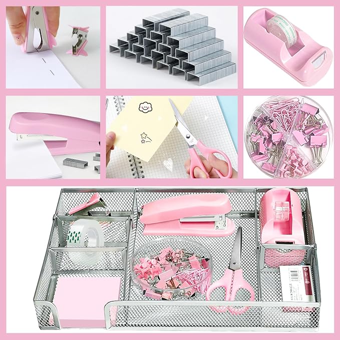 Pink Office Desk Accessories Set with Stapler, Tape Dispenser & Organizer | Pink Office Supplies Set with Stapler, Tape Dispenser, Scissors, Clips and More for Organized Workspace